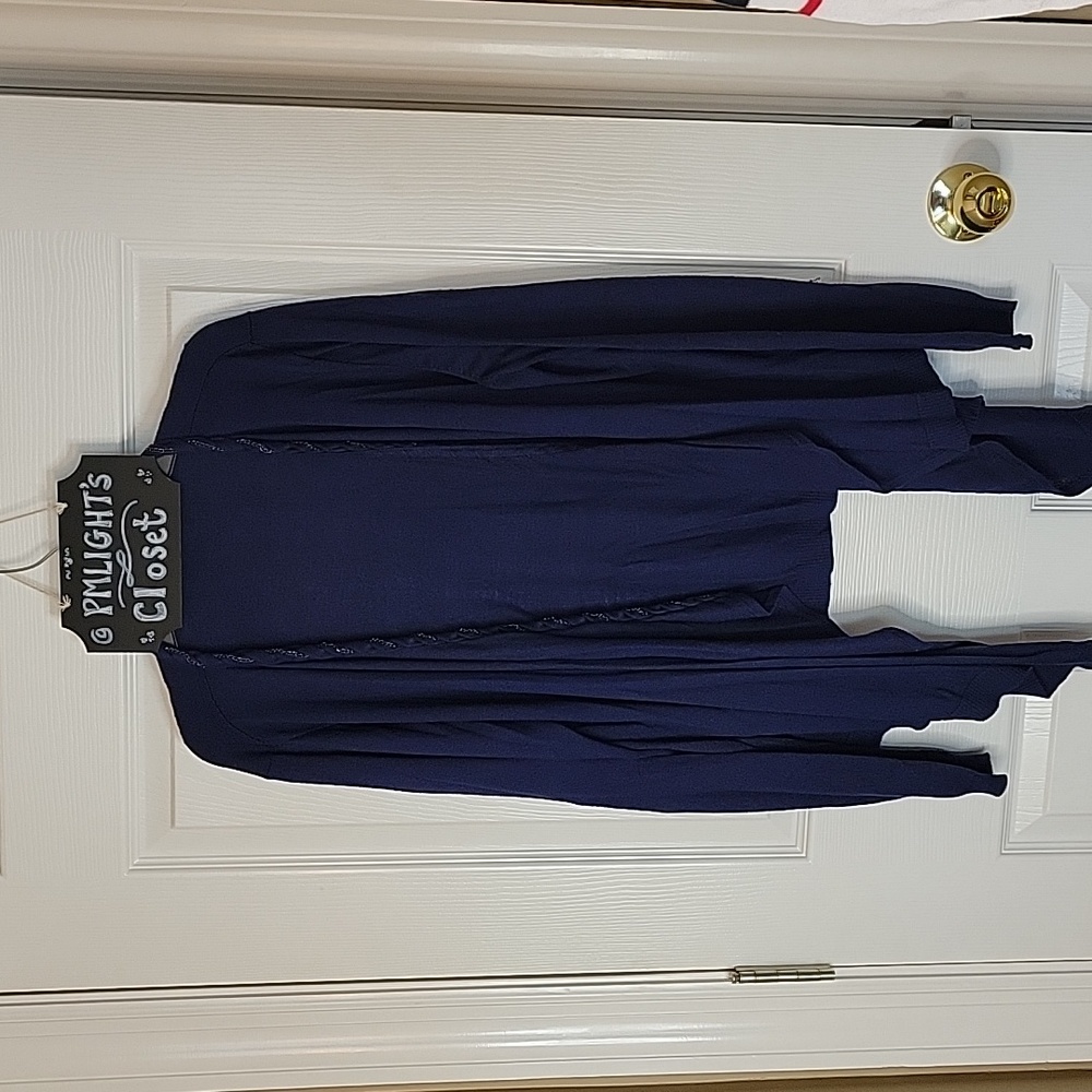 T Tahari Navy XL Cardigan Open Front Handkerchief Hem Long Sleeve